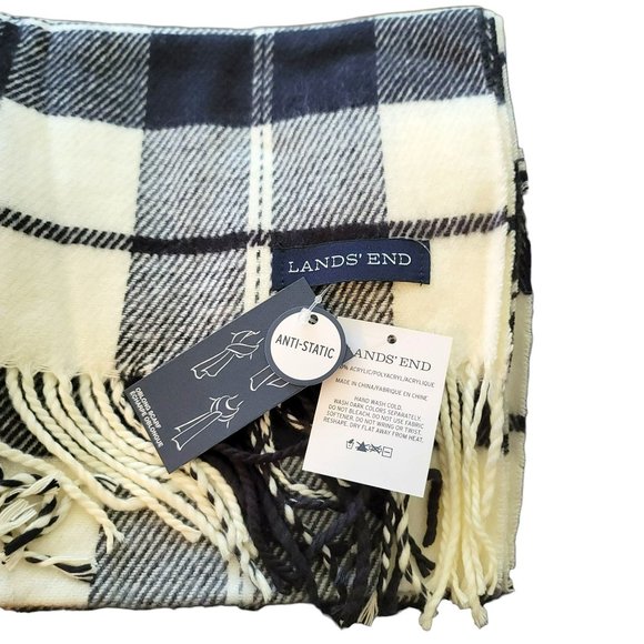 Lands' End Scarf Black and Cream Soft Touch Anti-static Fringe Edge DH512 - Picture 4 of 5